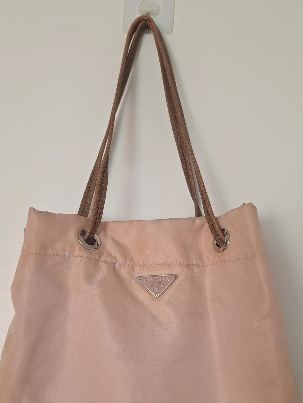 Prada Blush Nylon Tote with Brown Rope Handles